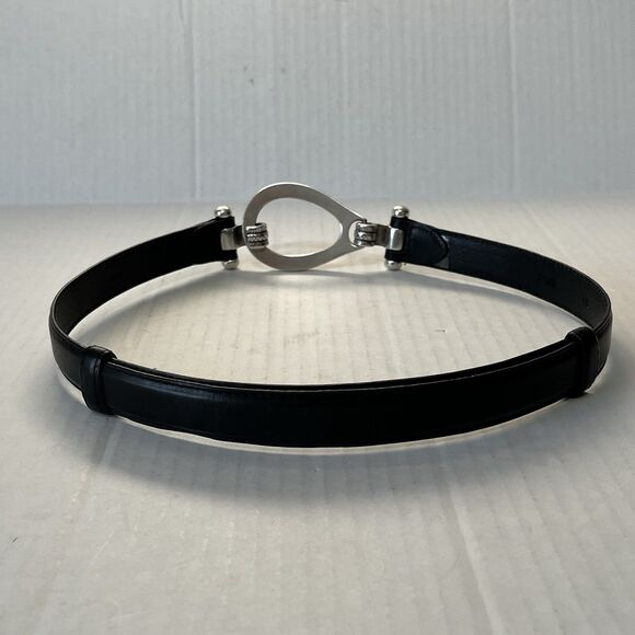Womens Belt Size M/L Black Leather Silver Tone Hook & Oval Loop 90s Y2K main image 6